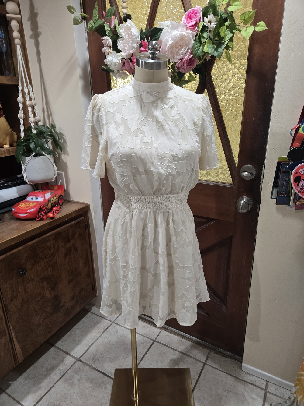 NWT Flying Tomato Women's Ivory Textured Smocked Waist Dress